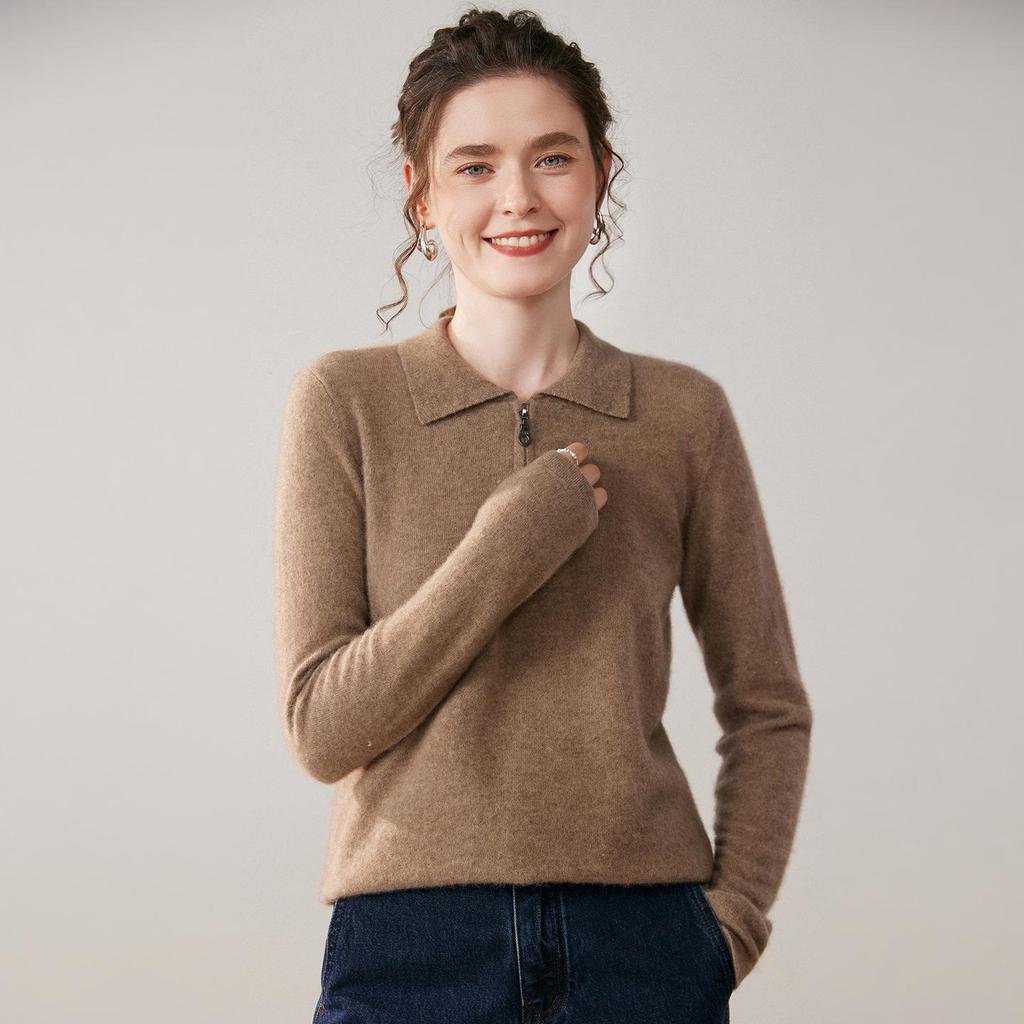 Women's Cashmere Polo Neck Half-Zip Sweater - Elegant Solid Color Knit Base Layer