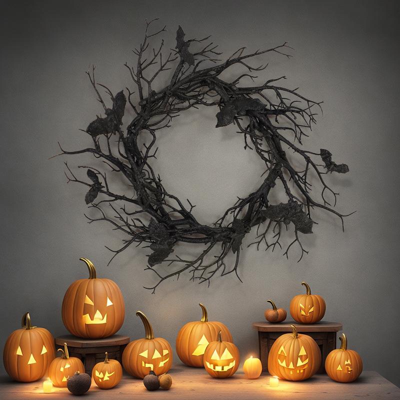 Halloween Künstlicher Kranz Fledermaus Schwarze Zweige Kränze Kranz für Haustür mit LED-Licht Fenster Heimdeko Halloween Dekoration