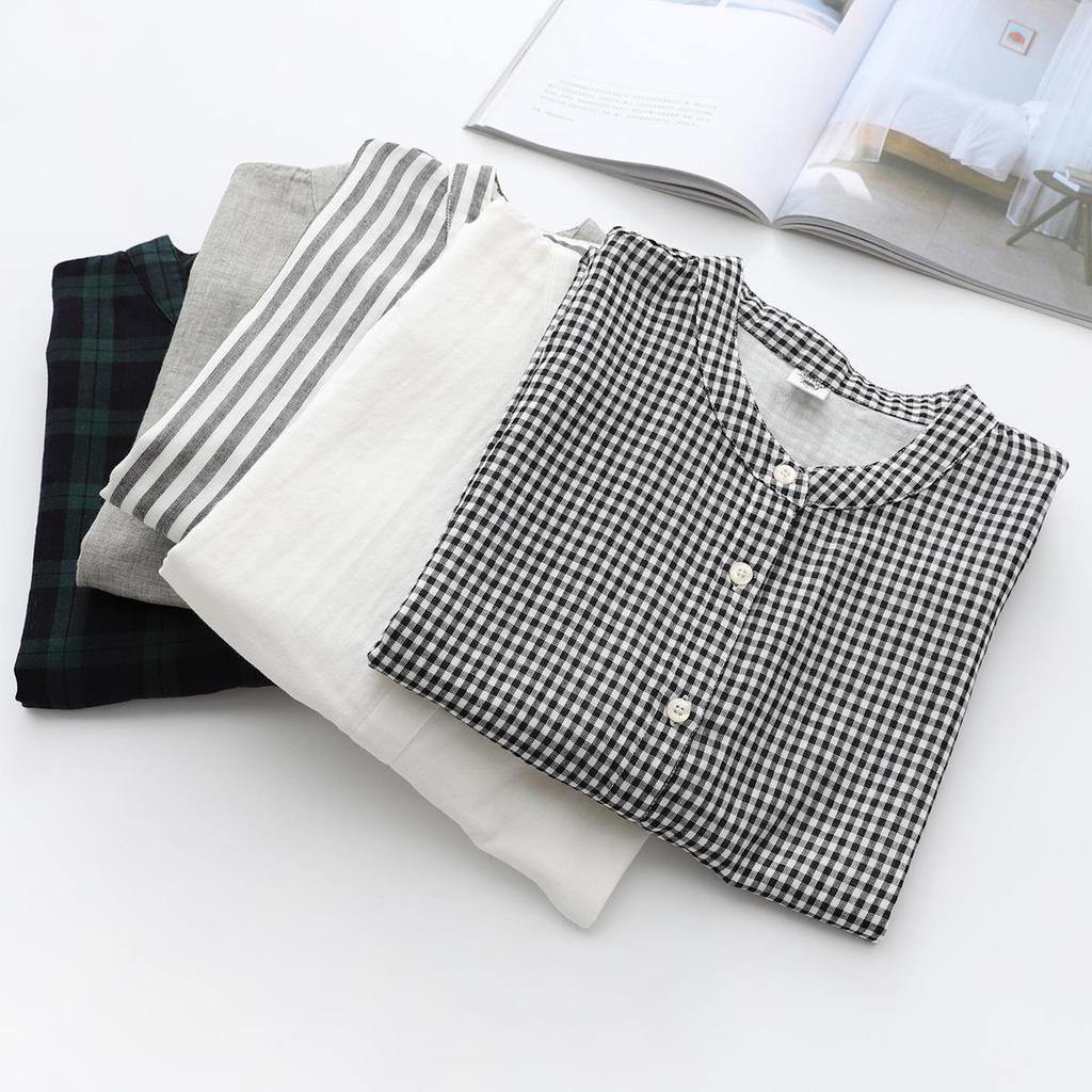 Japanese Minimalist Plaid Women's Sleeveless Stand Collar Shirt & Classic Short Sleeve Shirt