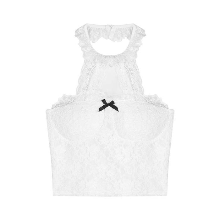 With chest pad, lace splicing neck sling vest for women's summer inner with Spice Girls sexy short top outside