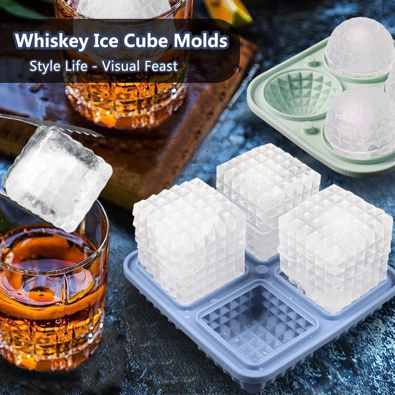 4 Grids Large Ice Cube Molds Silicone Ice Cube Trays with Ice Clips Whiskey Ice Mold Ball Summer Necessary Kitchen Mould