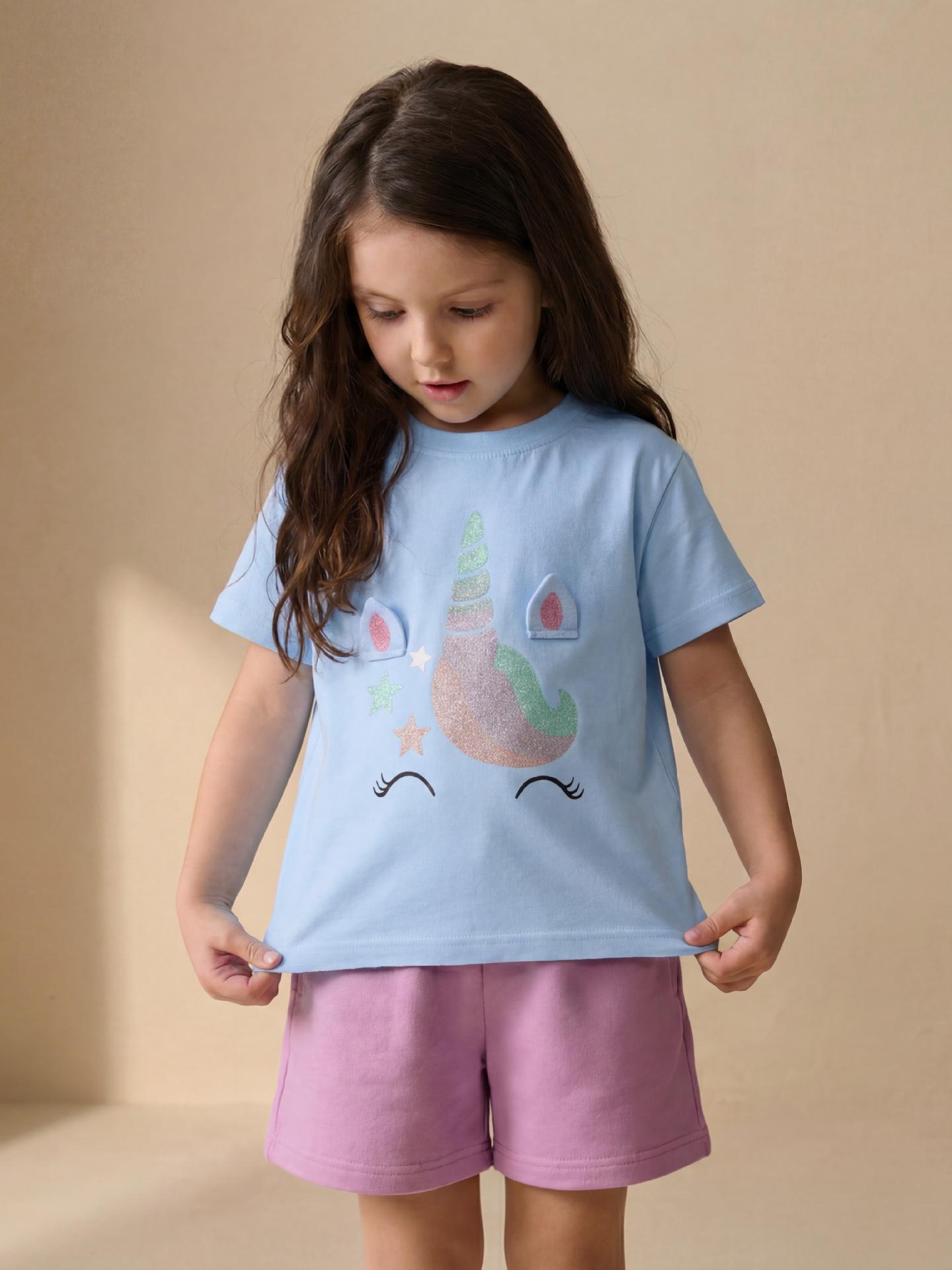 2026 Summer Unicorn Print Toddler Girls Short-Sleeve T-Shirt - European American Style 90cm (2-3Y) светло-синий