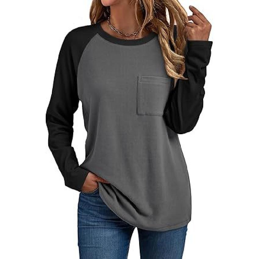 2026 Simple Round Neck Long Sleeve Patchwork T-Shirt Fashionable Pocket Casual Breathable Top