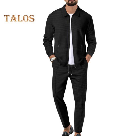 2Pcs/Set Men Outfit Lapel Long Sleeve Zipper Placket Coat Elastic Waist Adjustable Drawstring Long Pants Set