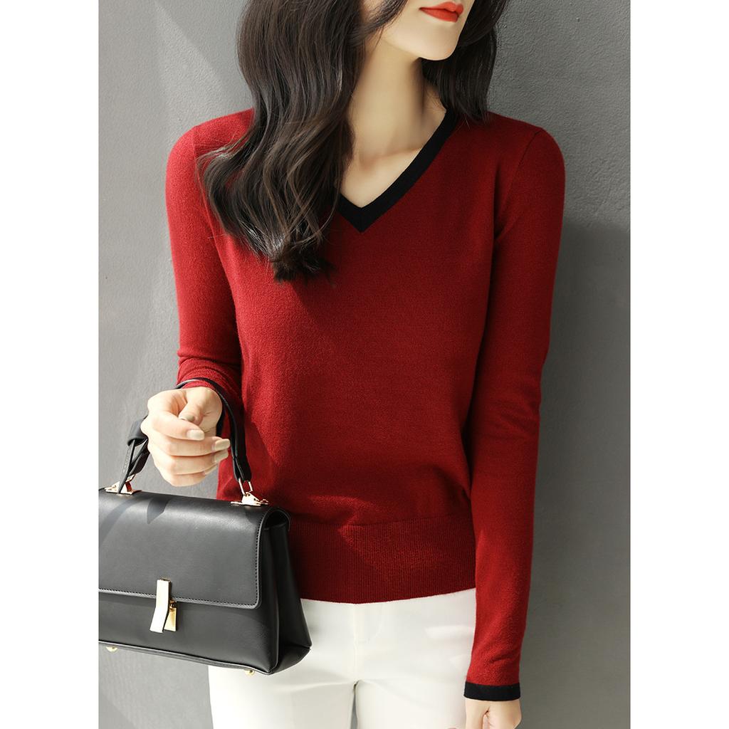 Women's Spring and Autumn Long-sleeved V-neck Knitted Colorblocking Pullover Sweater Long-sleeved Slim Bottoming Shirt