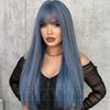 High Quality European American 24 Inch Blue Wig Women With Long Straight Hair Bangs Mermaid Dyed Gray Fiber Full Head Cover