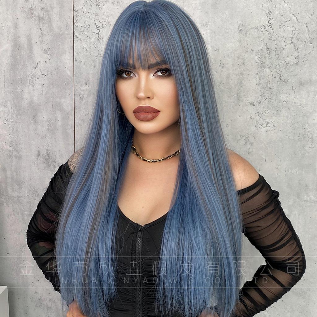 High Quality European American 24 Inch Blue Wig Women With Long Straight Hair Bangs Mermaid Dyed Gray Fiber Full Head Cover