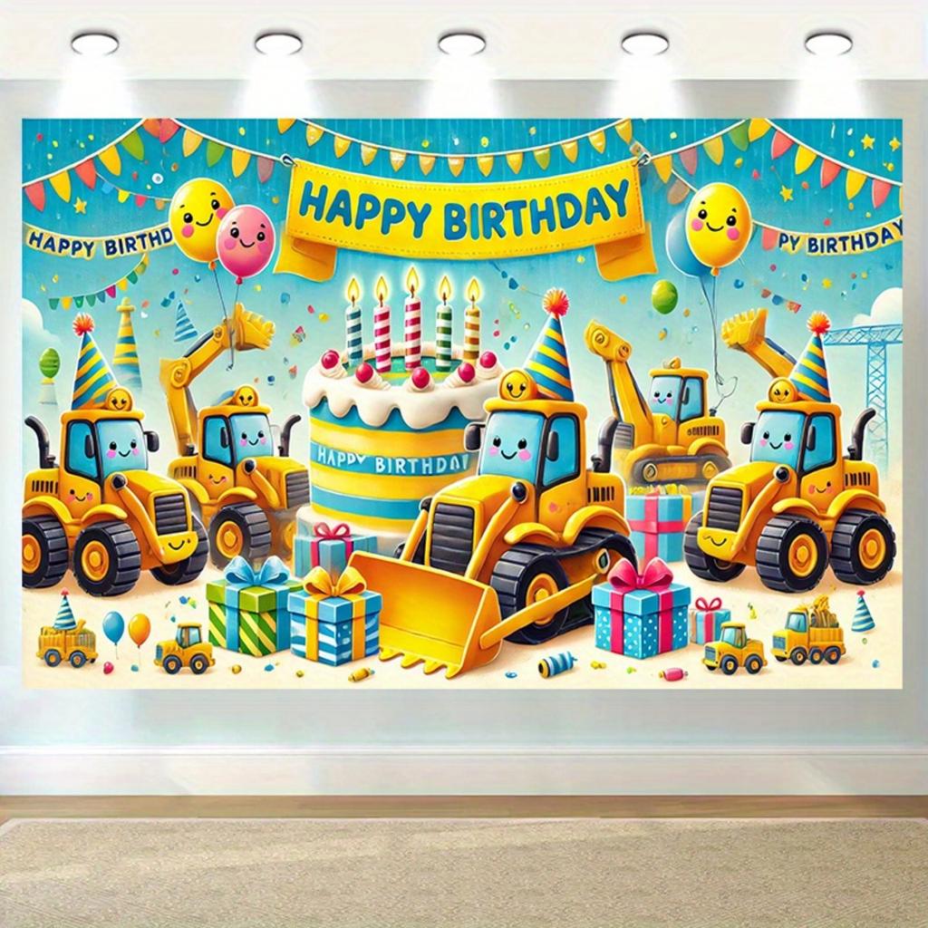 Sfondo per festa di compleanno a tema architettonico, banner resistente, sfondo escavatore