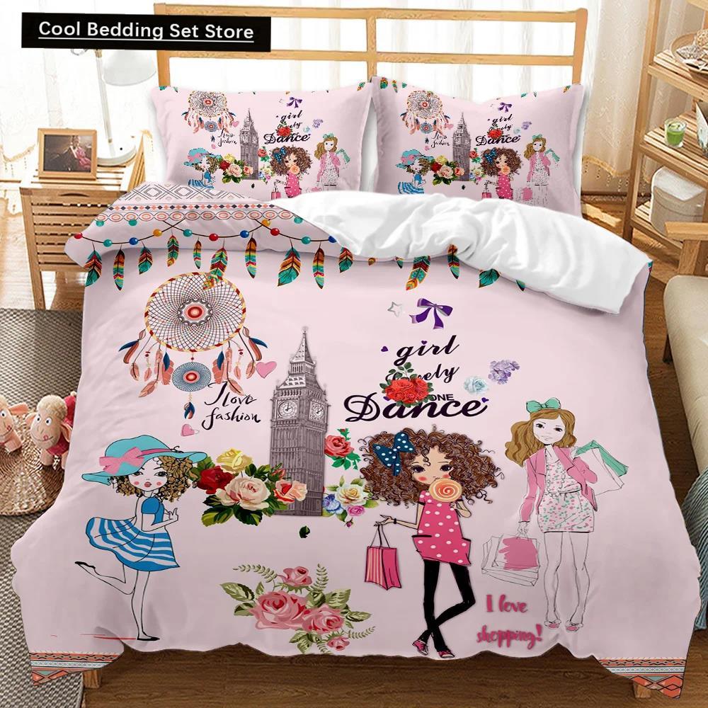 Girl Duvet Cover Set Pink Fashion Girl Sister Flowers Bedding Set Kids Girls Theme Double Queen King Size Polyester Qulit Cover
