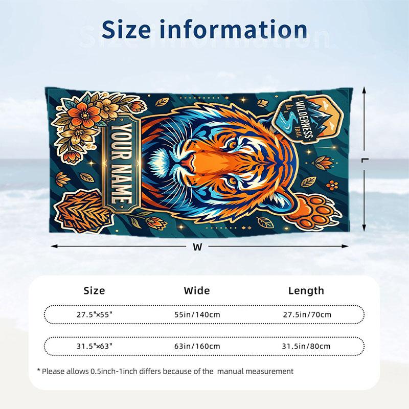 Tiger Spirit Clouds Theme Quick Dry Beach Towel Custom Name Text Print Large Sand Resistant Towel Beach Vacation