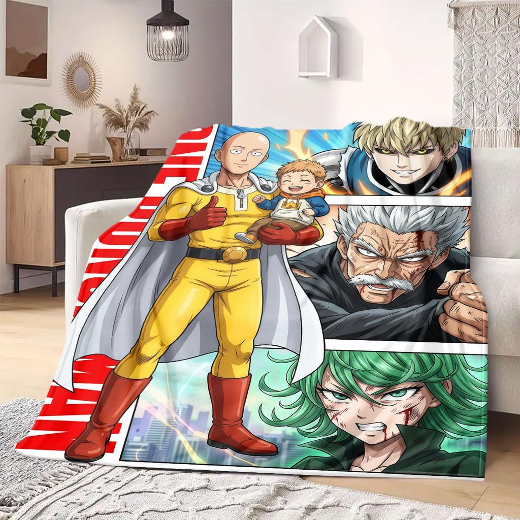 One Punch Man Stylish 2D Cartoon Flannel Blanket, Printed Decor for Sofa, Soft Bedding Travel Picnic Rug_LIAN