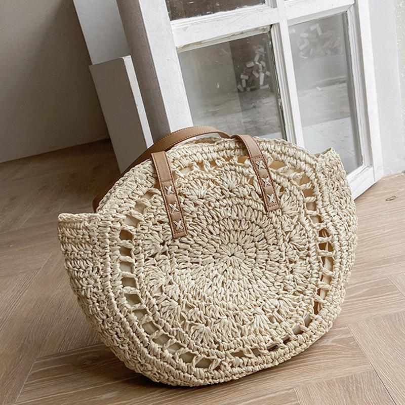 

Yogodlns Summer Round Straw Bag For Women Hollow Woven Travel Beach Bag Large Capacity Shoulder Bag Casual Shopping Handbag Tote (30cm Max Length 50cm)