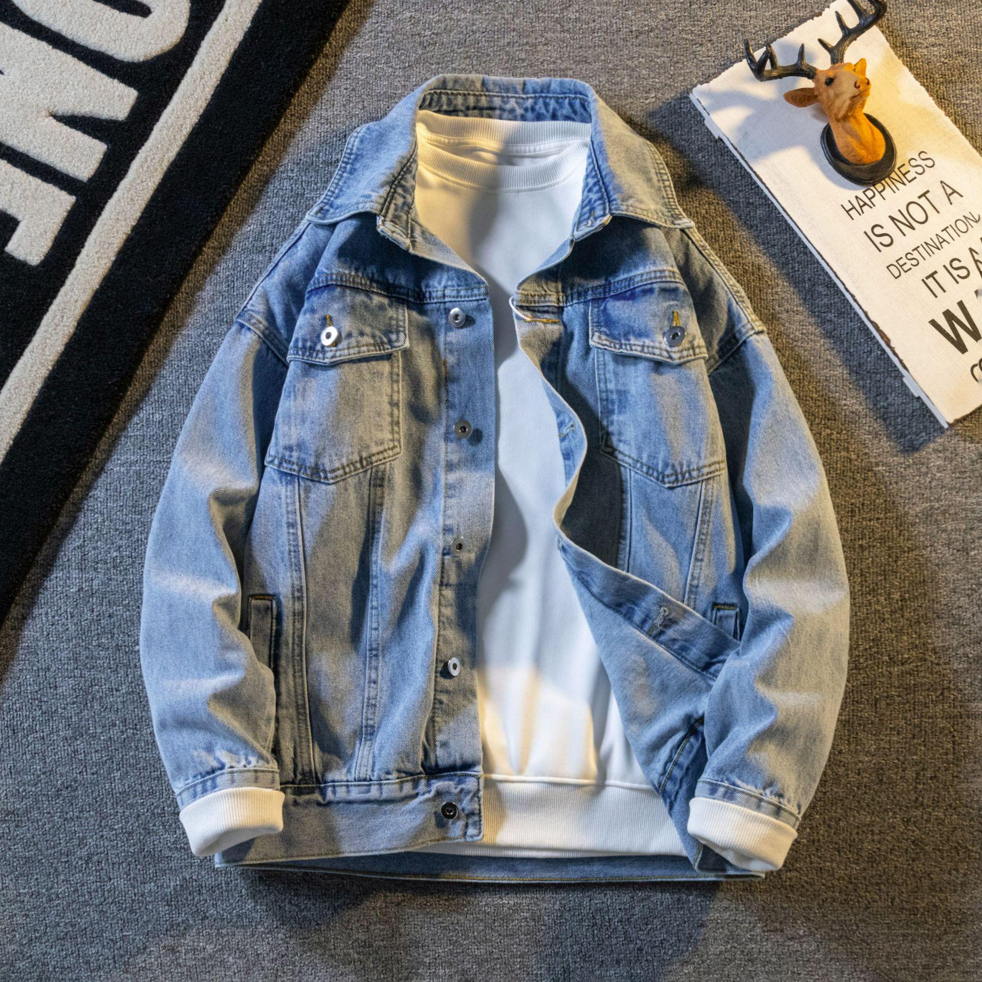 

Мужская джинсовая куртка в японском стиле в стиле ретро — стиль Гонконг, свободный крой, модная повседневная рабочая одежда для весны и осени L синий