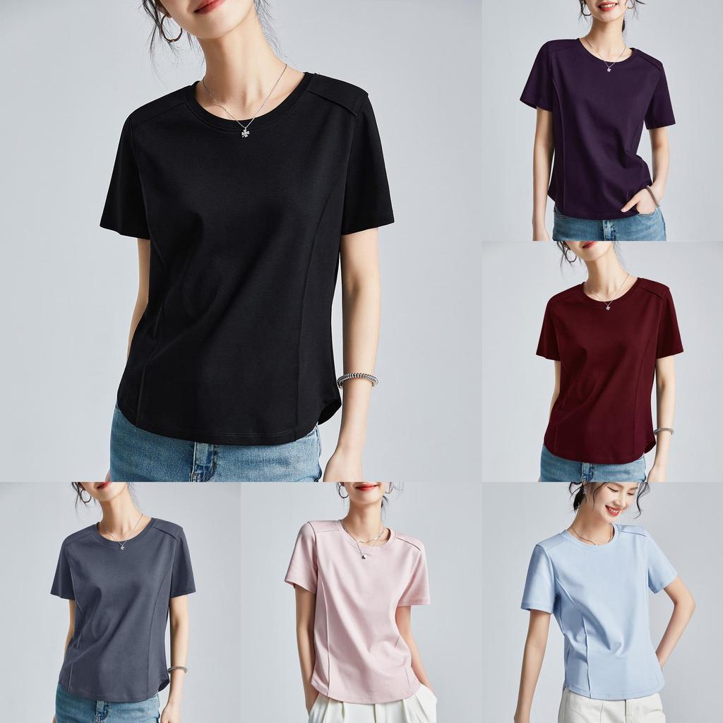 Camiseta de Manga Corta de Algodón y Seda para Mujer con Diseño de Empalme para Estilo Urbano Casual