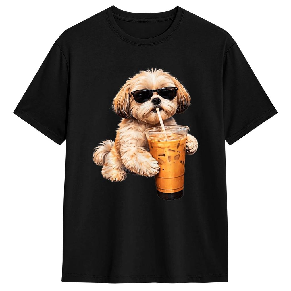 Divertente Shih Tzu che beve caffè freddo Maglietta Estate Cotone Magliette Per Unisex Design Maglietta Manica Corta Y2k Abbigliamento Casual
