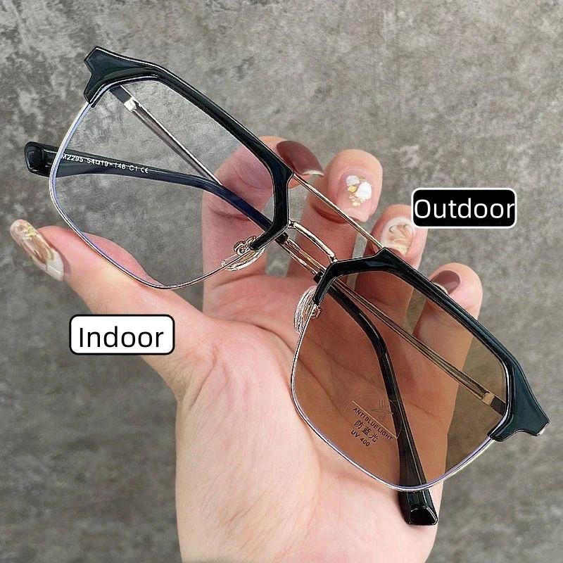 Retro Polygonal Full Frame Photochromic Near Sight Glasses Trendy Metal Double Beam Myopia Glasses Anti Blue Light Glasses