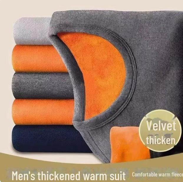 Men's Gold Velvet Two-Piece Warm Suit: Autumn/Winter Plush Crew Neck T-Shirt and Solid Color Pants In Trendy Oversized Fit.