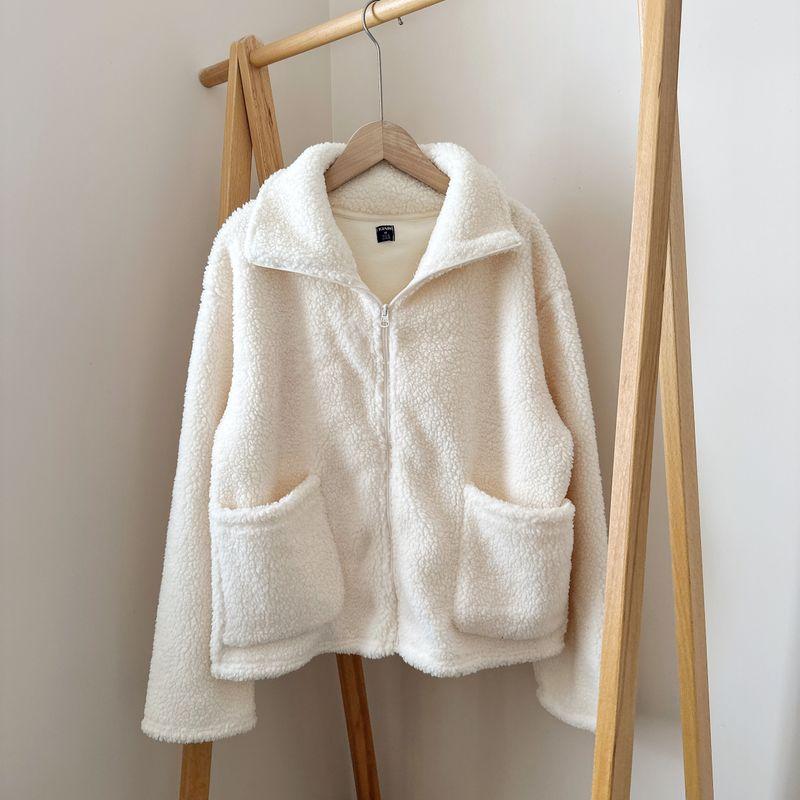 

European and American Single Women Granular Fleece Zip-up Outerwear Double-sided Plush Warm Autumn and Winter Top White XXL