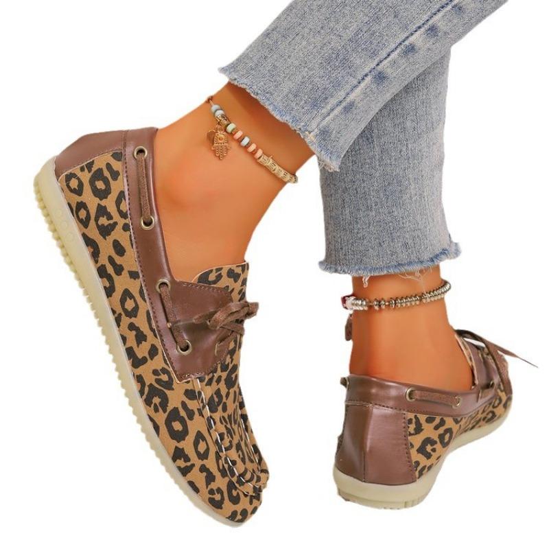 Large size casual single shoes women's autumn new flat-bottomed leopard print lace-up four-season models
