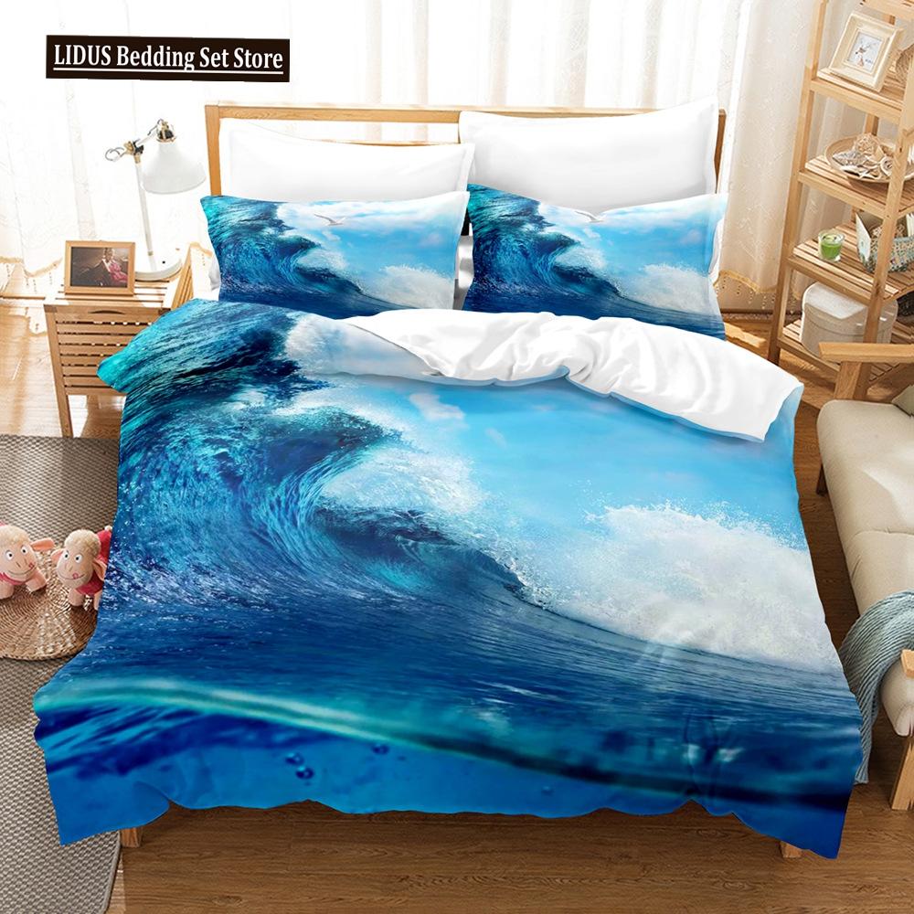 Zestaw Poszwy na Kołdrę Krajobrazowy Rozmiar King Full Letni Palmy Plaża Fale Morskie Motyw Oceaniczny Dla Dzieci Dziewczynka Chłopcy Poliestrowy Zestaw Pościeli
