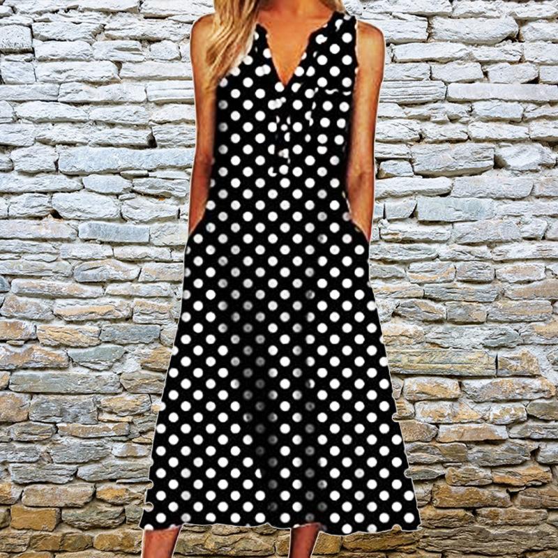 Summer Fashion Print V-neck Plus Size Dress Women Pocket Striped Sleeveless Casual Dresses Women Solid Elegant Loose Dress Lady 24260