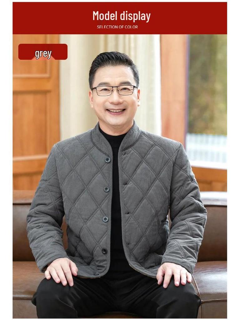 Men's Winter Cotton-Padded Jacket for Seniors - Thick Velvet Lining, Warm Outerwear for Dad or Grandpa