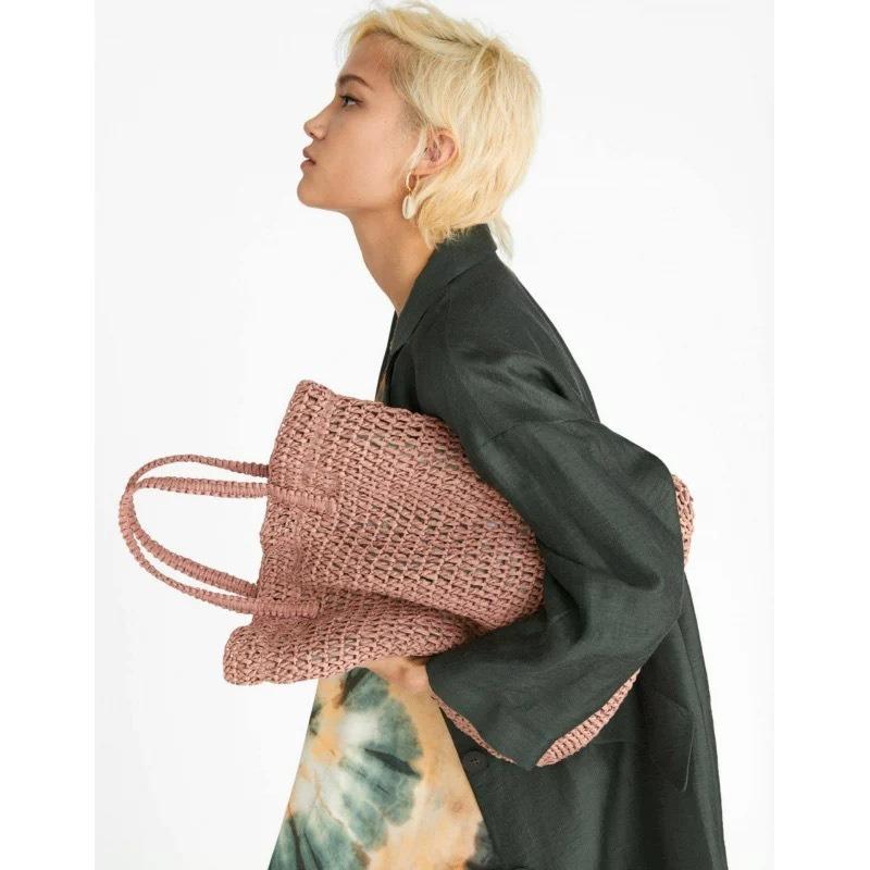 Neue Strohtasche handgewebte Tasche Strohtasche große Kapazität Tragetasche Damen Reise Strandtasche Schultertasche