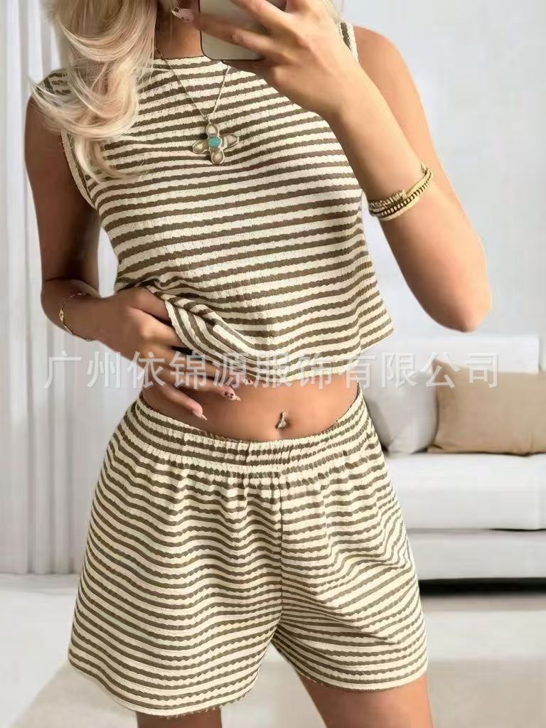 Women Striped Sleeveless Crop Top and Shorts Set Casual Knitted Two Piece Outfit