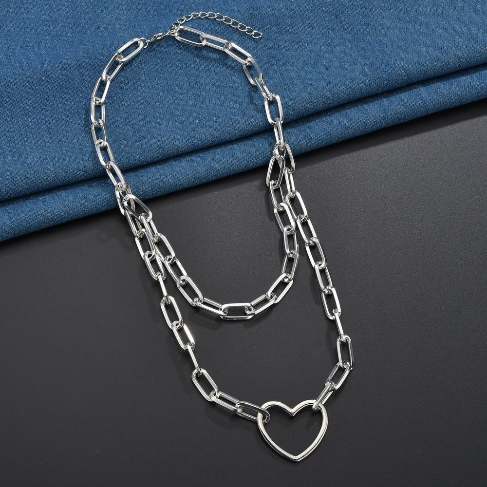 Fashion Double Layer Love Chain Necklace Women Punk Link Chain Pendant Necklace