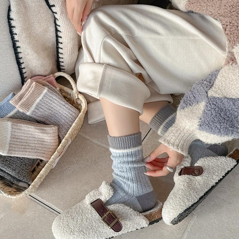 Autumn New Products Xiaohe Si Trendy Socks Thick Needles And Threads And Hairy Contrasting Colors In The Middle Tube Pile Of Socks Girls