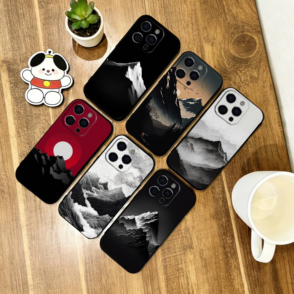 Black Mountain INS Design Phone Case Soft Silicone black For IPhone 17 16 15 14 13 12 11 X XR Plus Pro Max Plus