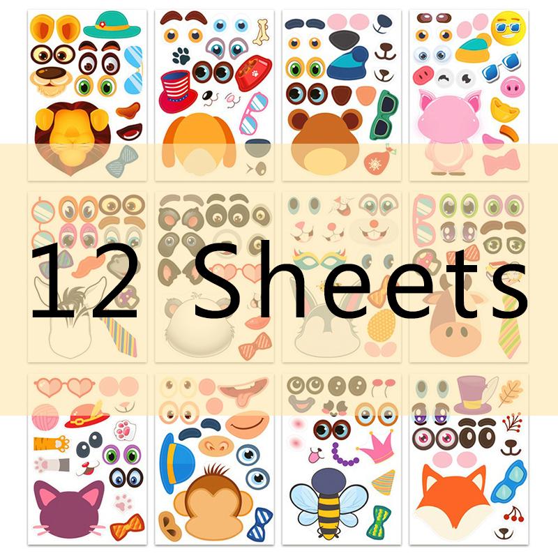 12 Sheets DIY Make a Face Stickers Animal Mermaid Adhesive Waterproof Puzzle Stickers Enlightenment Games Cute Gift Boy Girl ZYF