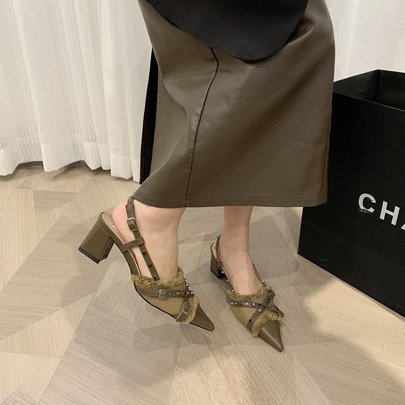 French Retro Single Shoes Women's Spring New Products Pointed Head Western Denim Bag Head Empty Sandals Thick Heel High Heels Look Thin