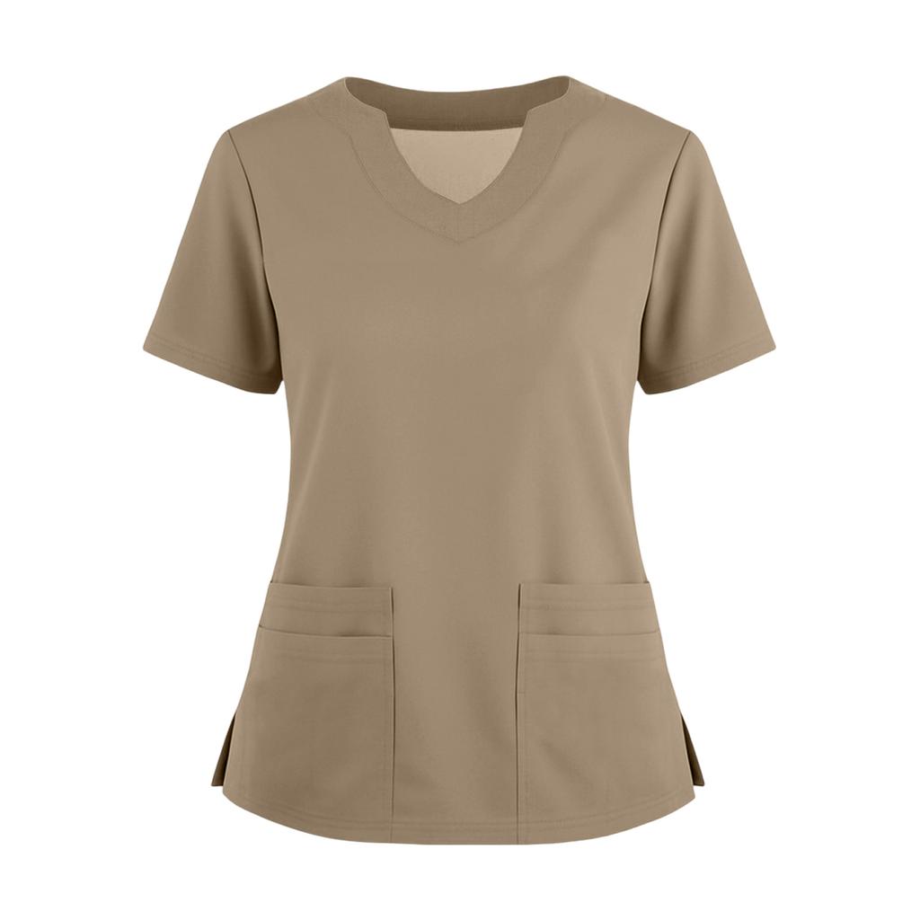 Women's Short Sleeved Solid Color V-neck Buttonable Side Slit Top T-shirt