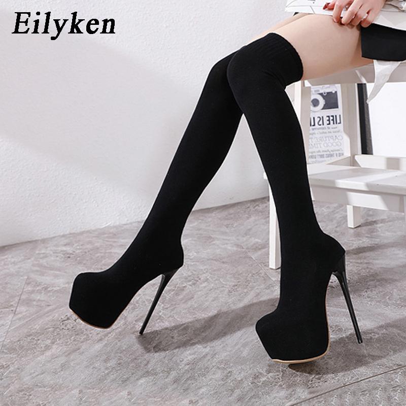Fashion Eilyken 17CM Platform Heels Woman Over Knee Winter Boot Womens Black Knitting Round Toe Thigh High Long Socks  Lady Shoes