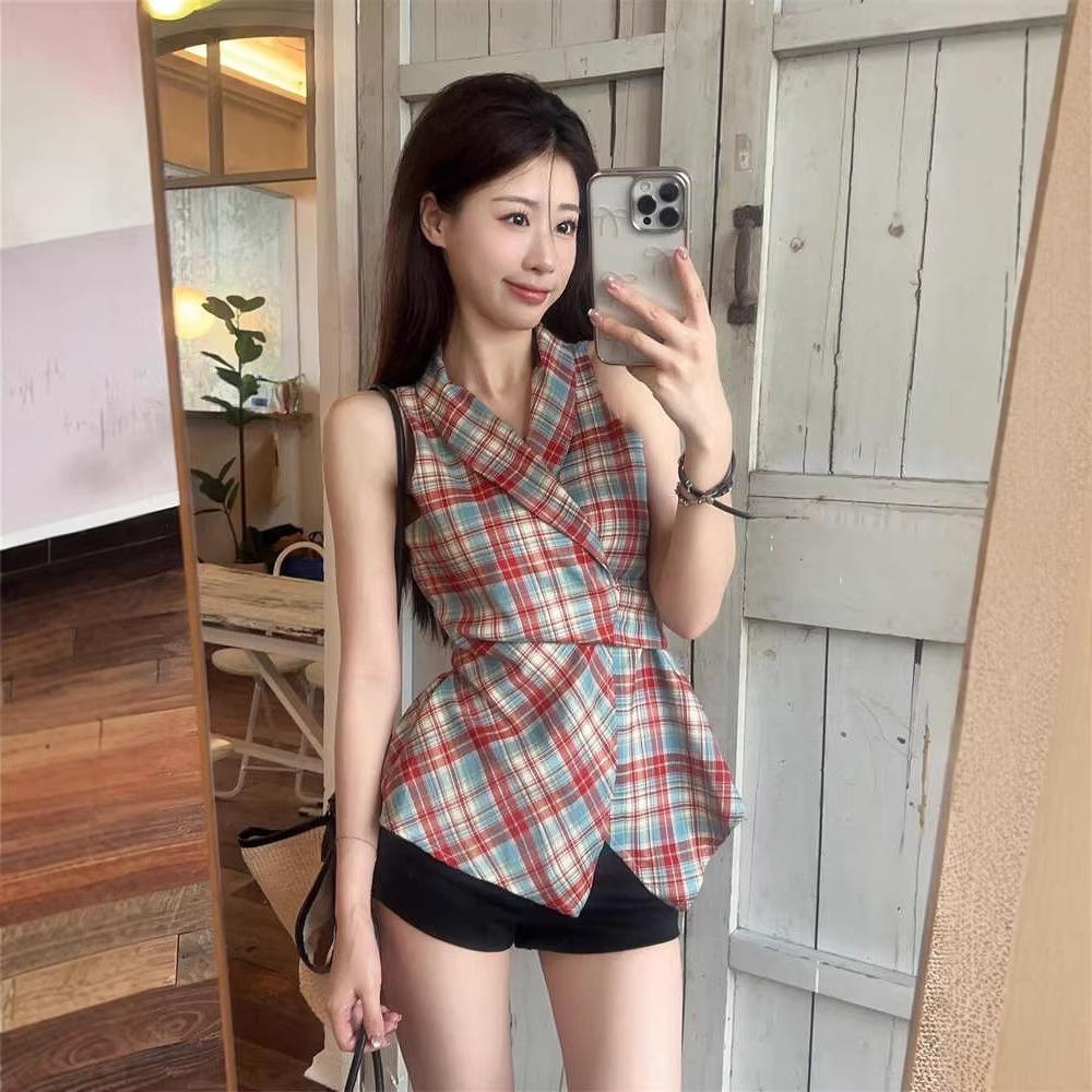 Summer design sense niche waist thin vest women's French retro plaid off-the-shoulder neck sleeveless top ins