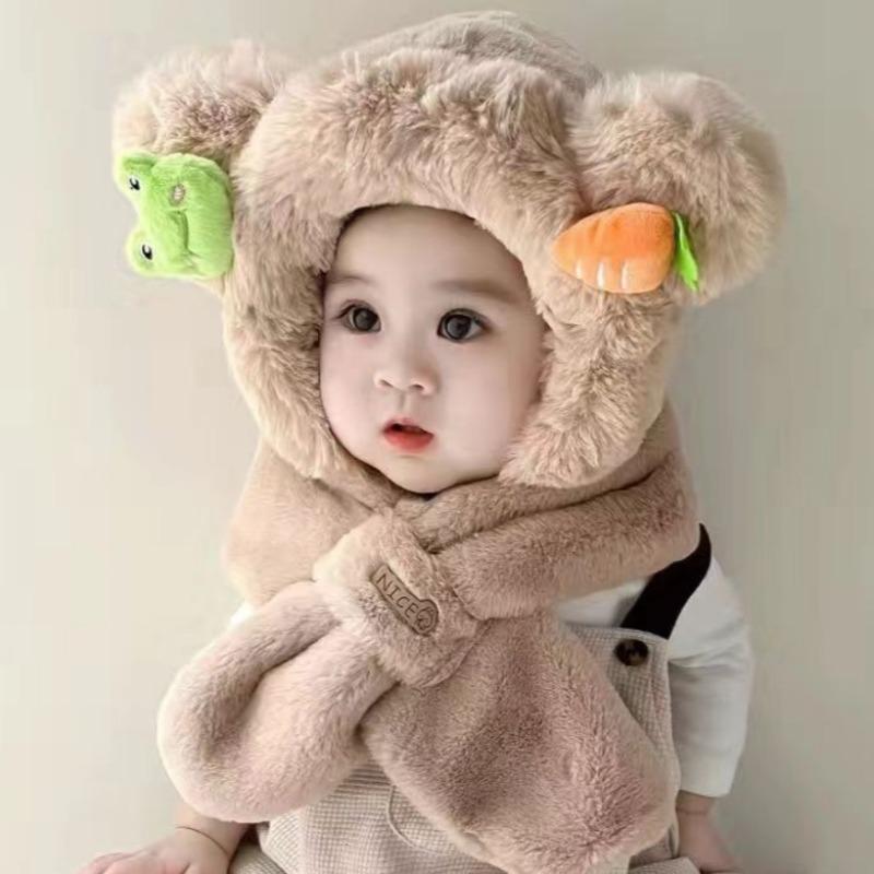 Winter children's hats, scarves, integrated hats, velvet and thickened cartoon two-piece sets, cute and cute boys and girls ear hats.