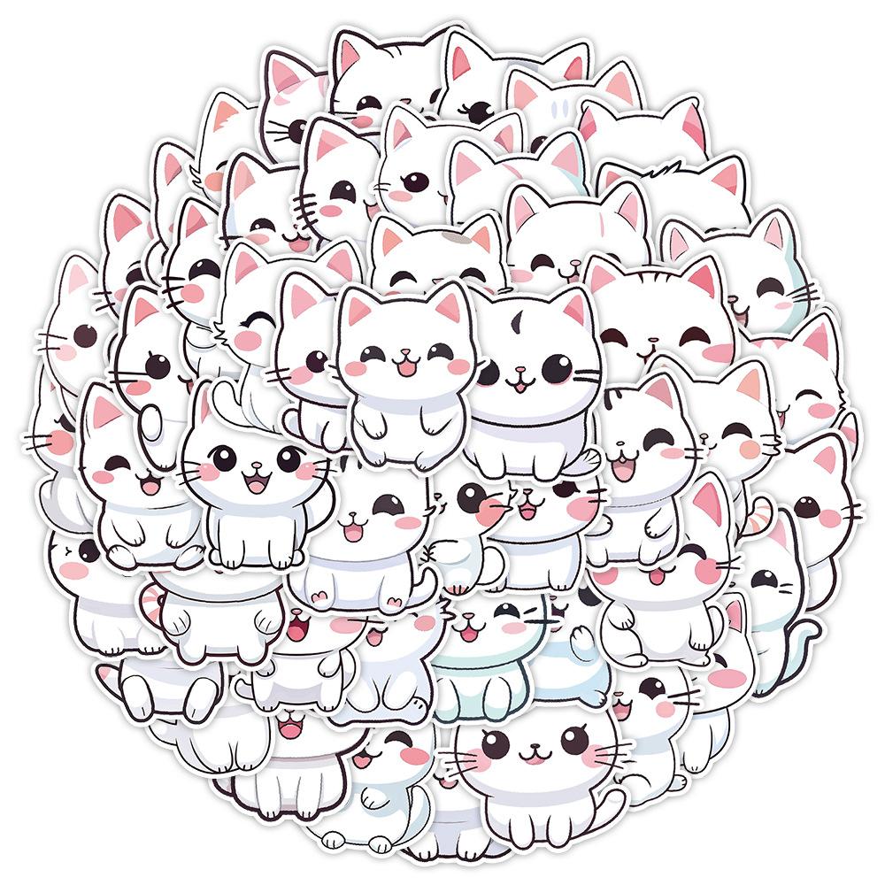 

50 Cute Little White Cat Doodle Stickers Car Mobile Phone Water Cup Decoration Stickers Waterproof Creative Stationery Stickers