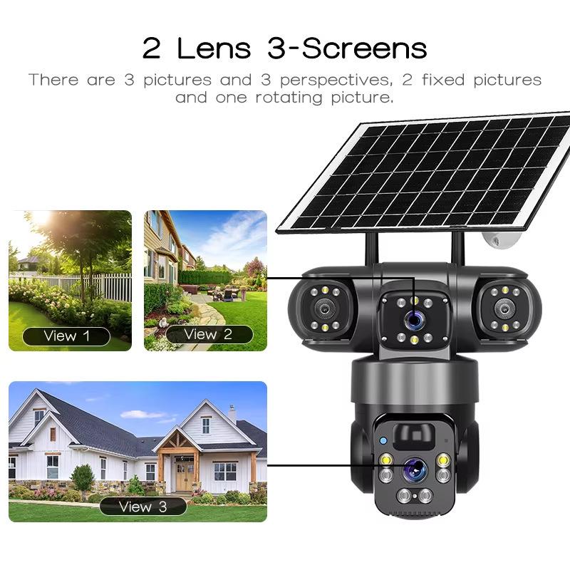 4G Wireless Solar HD Night Vision Camera with Triple Lenses & Screens, No Wiring Needed, Mobile Phone Remote Monitoring