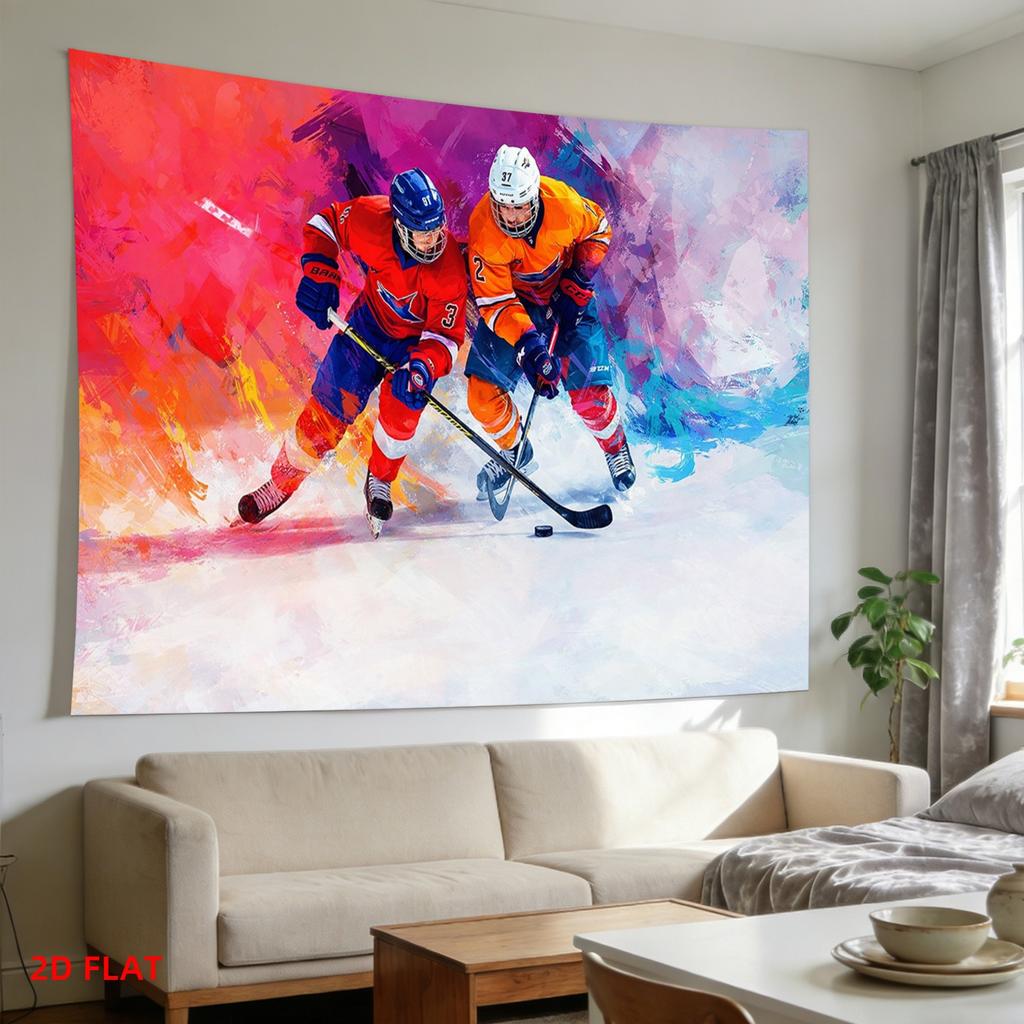 Ice Hockey Sports Tapestry, Abstract Art Style Player Print, Colorful Wall Hanging For Man Cave & Sports Themed Room Decor
