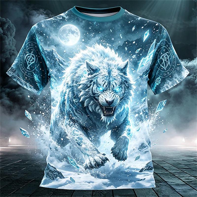 New Men's Summer Crew-Neck Short-Sleeve T-Shirt with Retro Tiger Print Breathable Casual and Loose-Fitting Mens Short-Sleeve Top