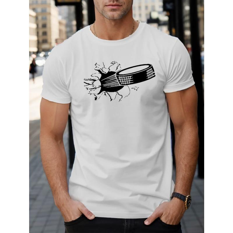 European Sizes Hockey Graphic Print Men's Creative Top, Casual Short Sleeve Crew Neck T-shirt, Men's Clothing For Summer Outdoor