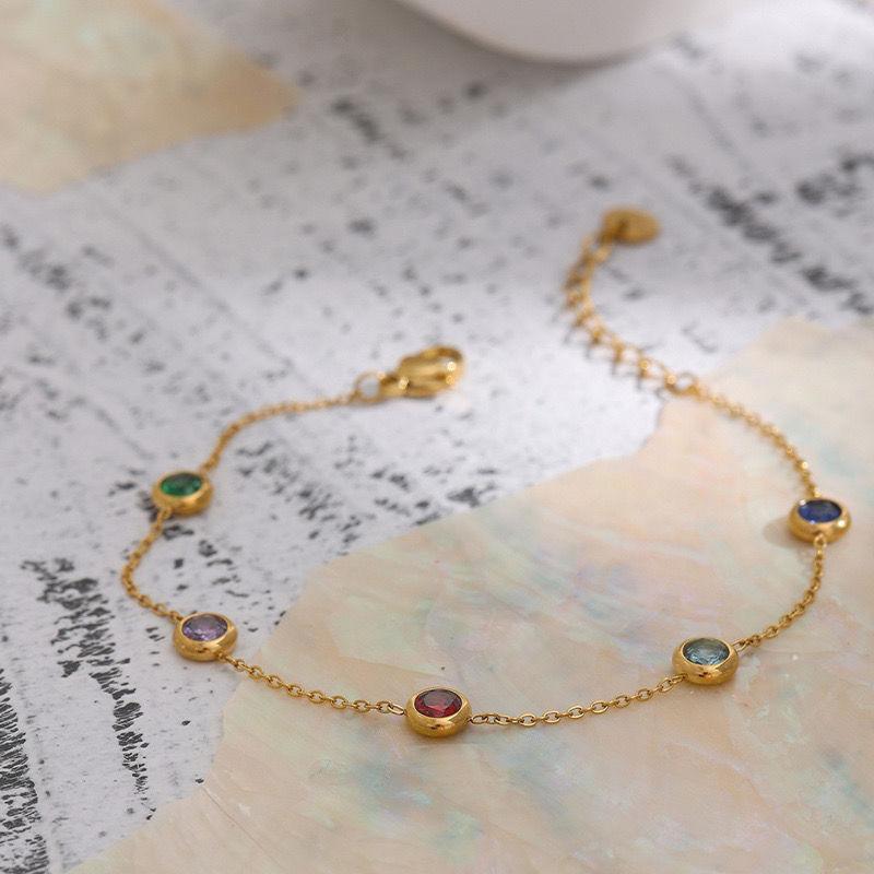 Ramos Colorful Cubic Zirconia Stainless Steel Bracelets for Women Exquisite Thin Chain Gold Colour Wrist Bracelet