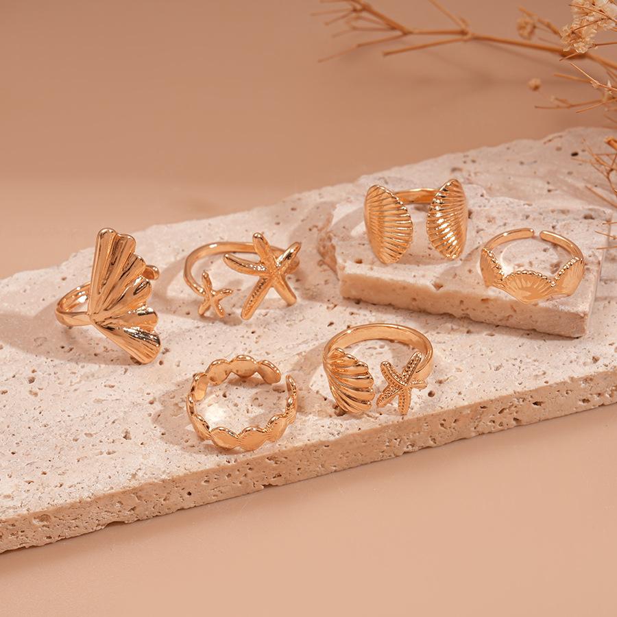 Шестипредметный набор металлических неправильных геометрических ракушек-морских звезд открытых колец пляжный отпускной стиль нишевые украшения