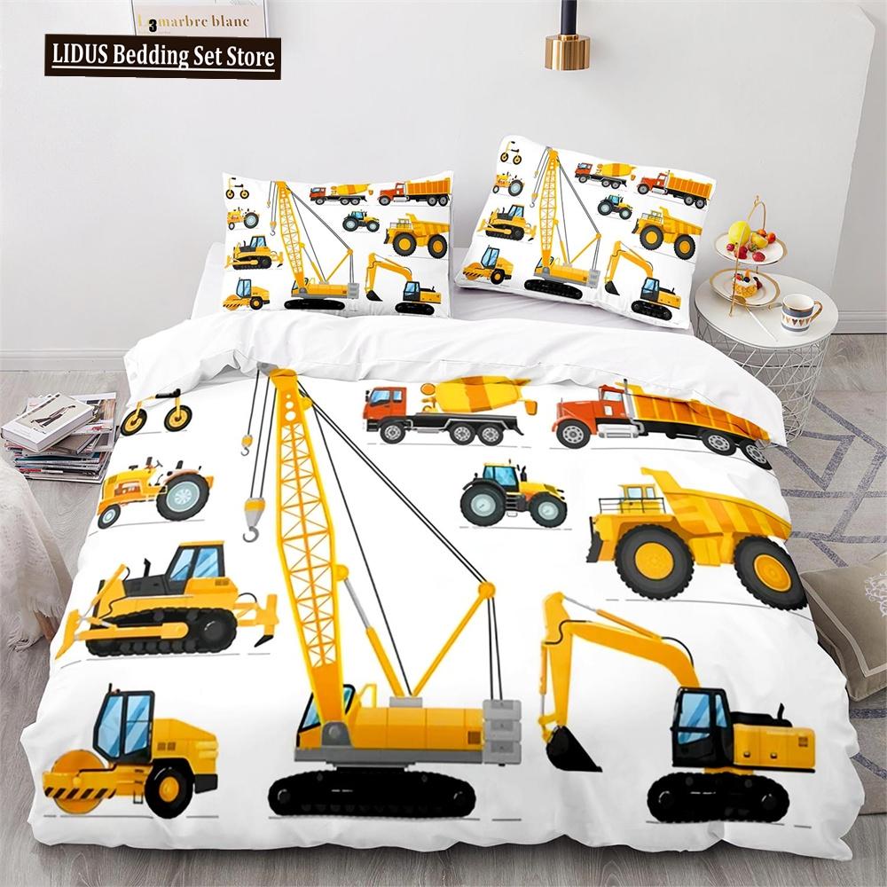 Digger Duvet Cover Set Cartoon Heavy Machinery Truck Crane Mixer Excavator Tractor Pattern For Kid Teen Polyester Bedding Set