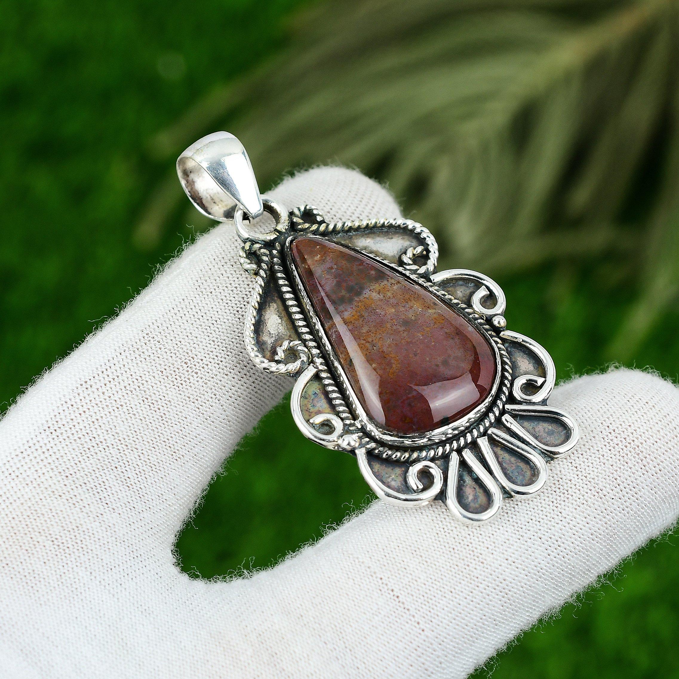 

Daughters Day Sale Bloodstone Stone Bezel Ethnic Wedding Pendant Sterling Silver