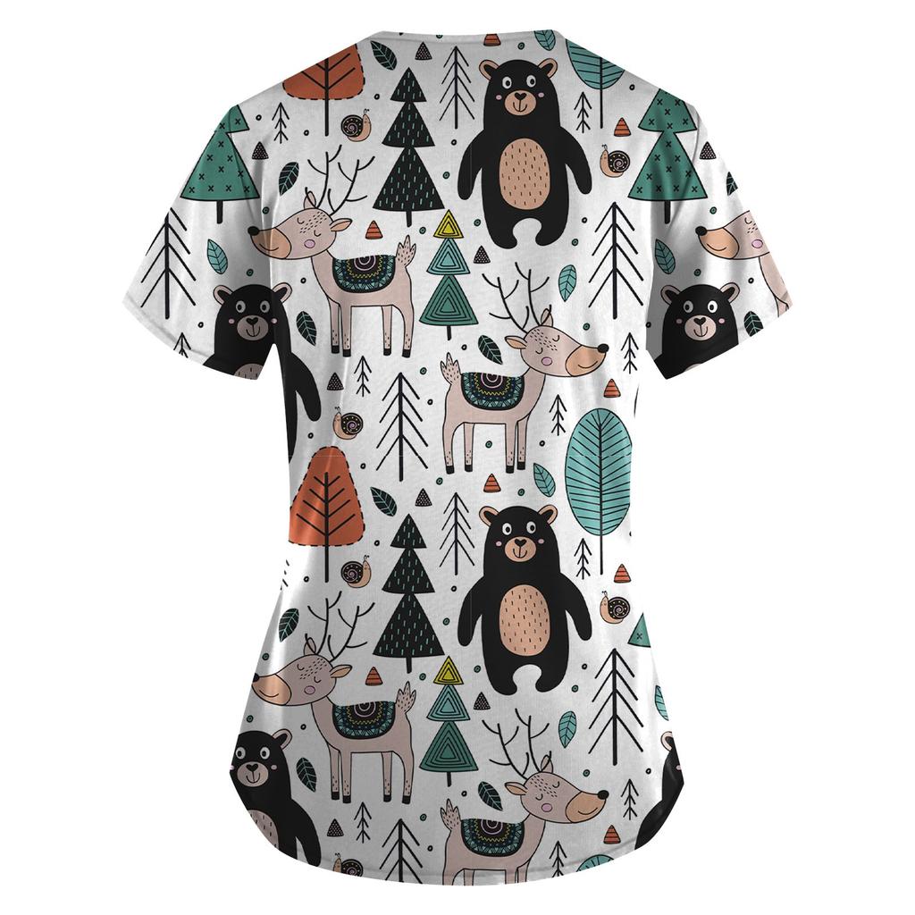 Women's Cute Animals Printed Short Sleeve V-neck Tops Working Pocket Blouse