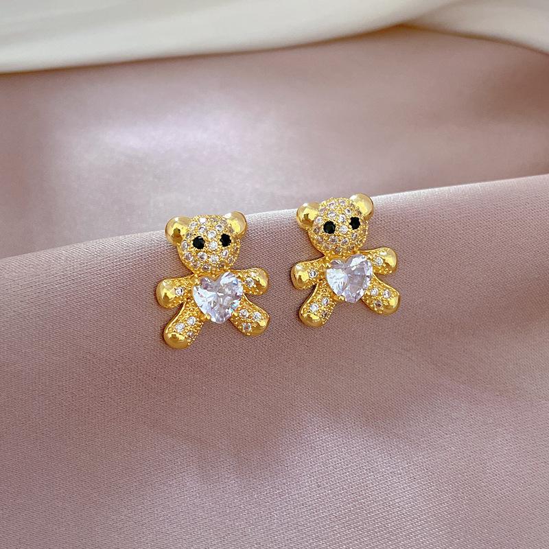 Cute Bear with Zircon Necklace Stud Earrings for Women Stainless Steel Chain Fashion Bear Jewelry Set Christmas Gifts