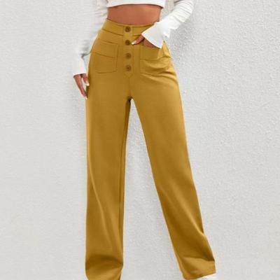 Calça feminina casual de perna reta, cintura alta, botão, elástico com vários bolsos