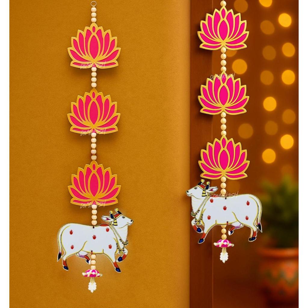 Engineered Wood Handmade Lotus with Cow & Jhumki Ganpati Diwali Home Decoration MDF Floral Wall Hangings Temple |1 Pair | 25 Inch Each